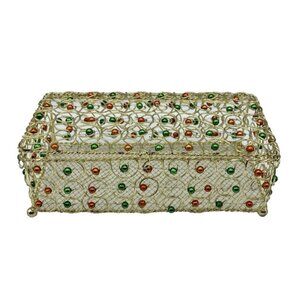 Wire Christmas Box Red Green Beads Gold Tone Metal 8" Holiday Decor Candy Holder